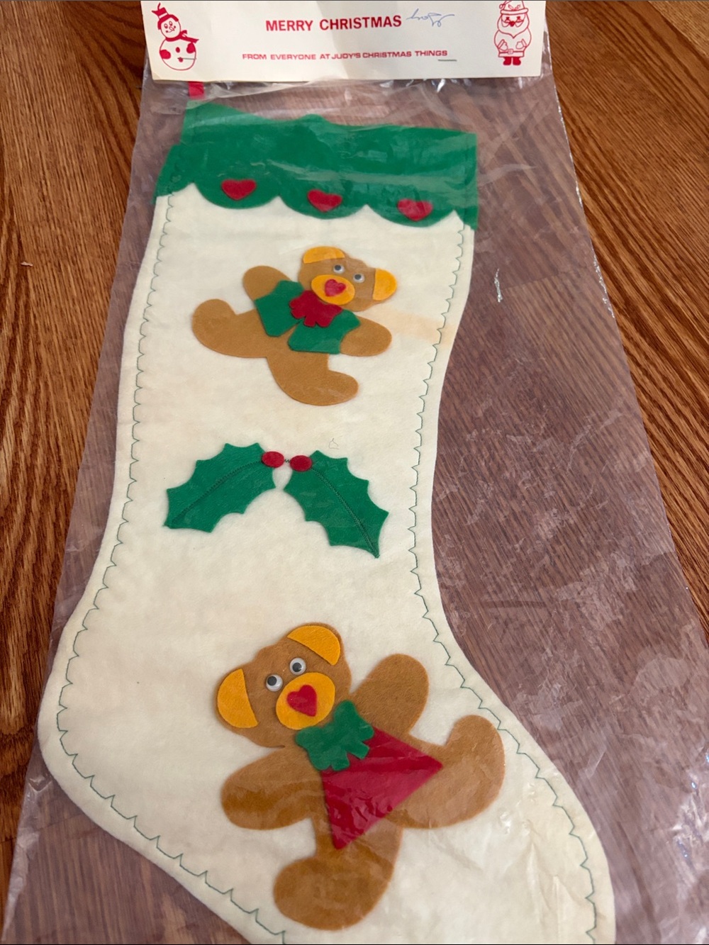 Festive Teddy Bear Felt Christmas Stocking - Cream, Green & Red